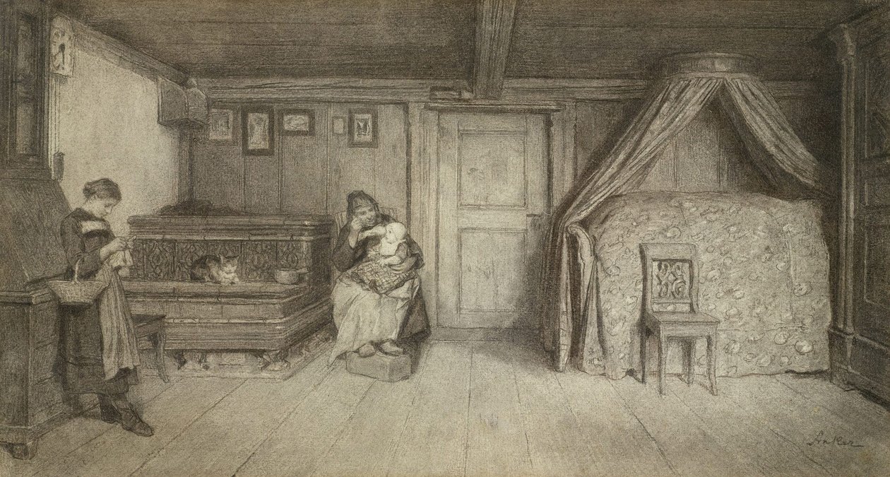 Familiescene i et interiør av Albert Anker