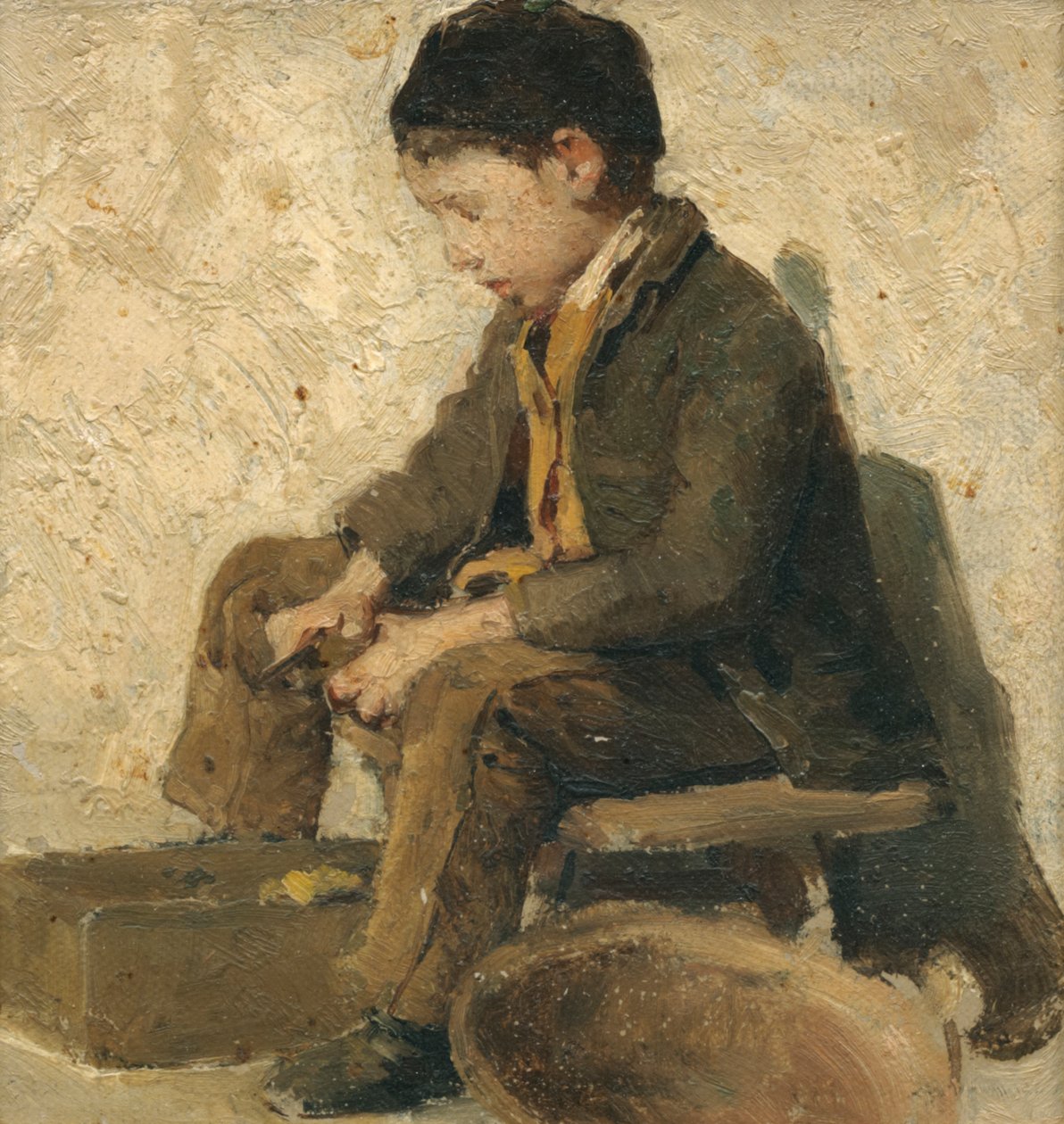 Sittende gutt, forbereder grønnsaker av Albert Anker