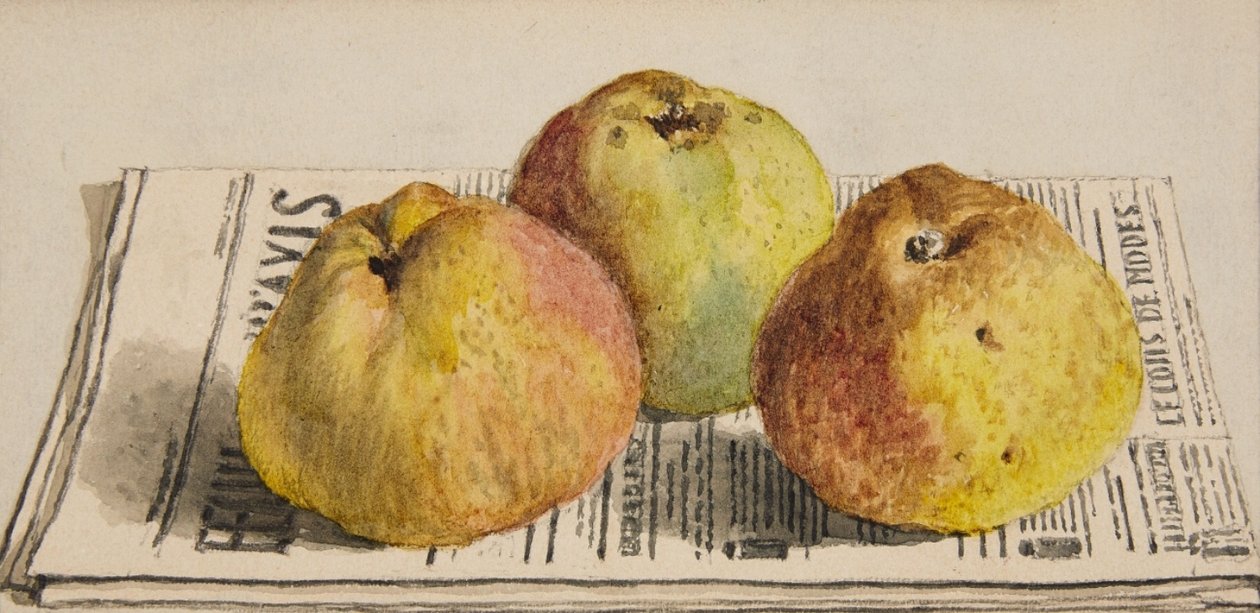 Stilleben med tre epler og en avis av Albert Anker