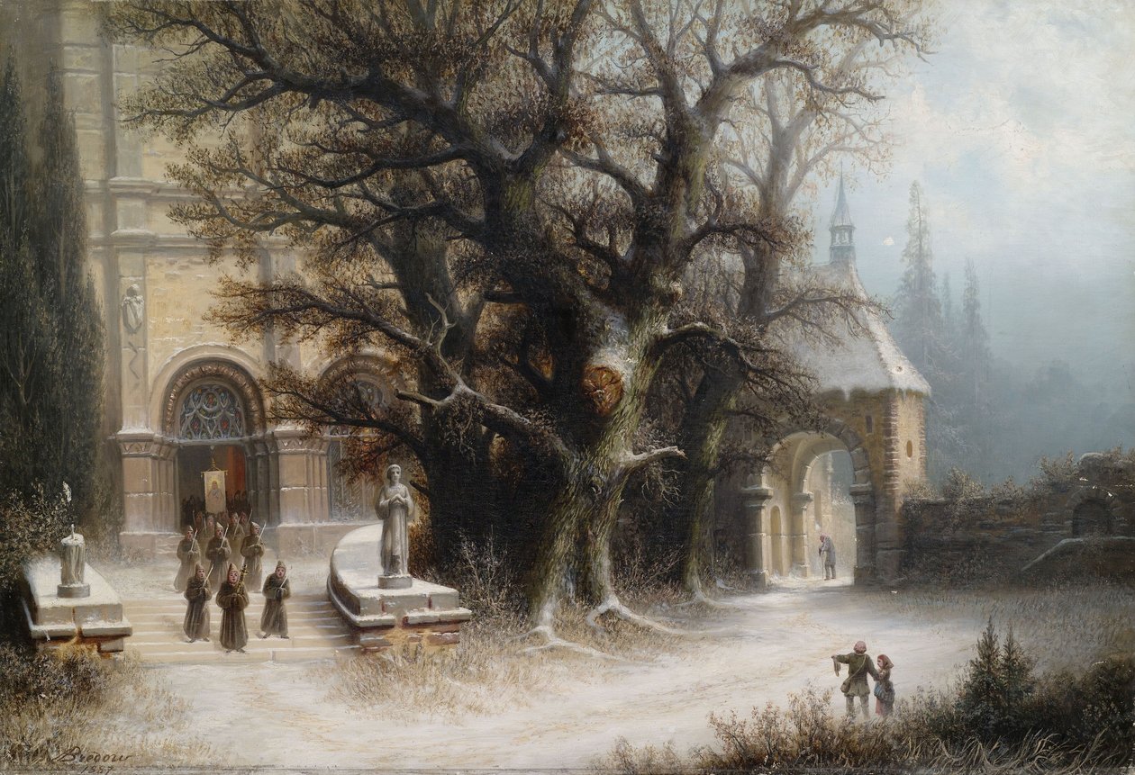 Opptog ved et snødekt kloster av Albert Bredow