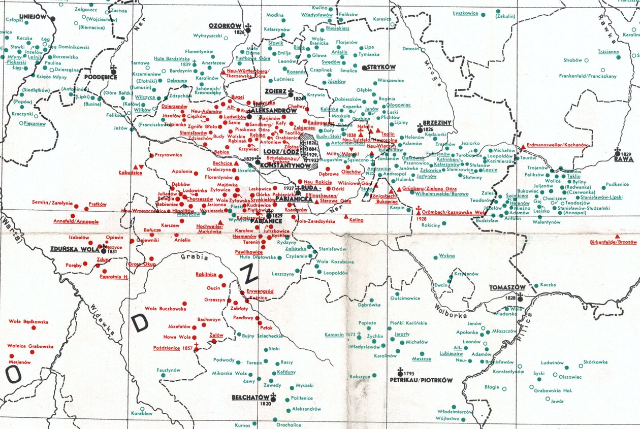 bosetninger i 1938 rundt Łódź mellom elvene Warta (W), Bzura (N) og Pilica (SE) av Albert Breyer
