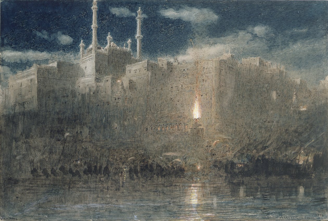 Benares av Moonlight, 1916 (penn og blekk med wc og kroppsfarge på papir) av Albert Goodwin