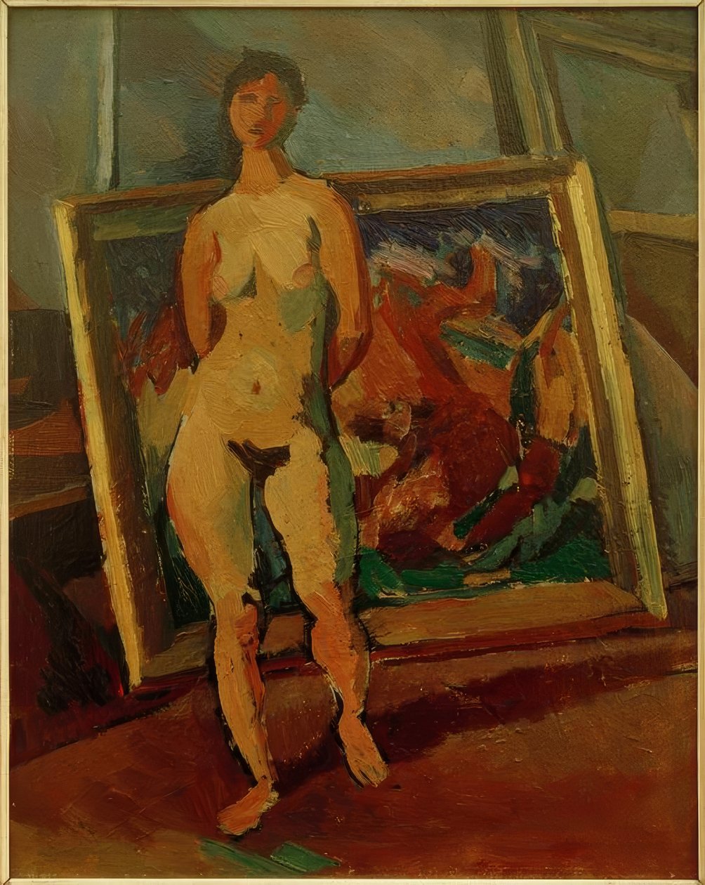 Naken kvinne i studio (Striding Female Naken) av Albert Weisgerber
