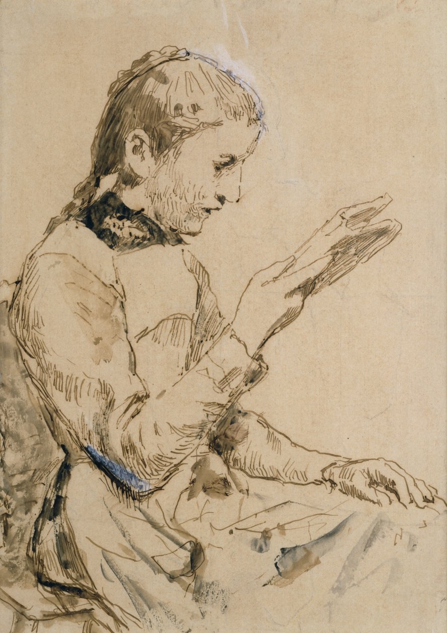 Reading Girl (penn og blekk på papir) av Albert Anker