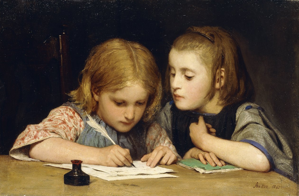 Leksjonen; Skriveleksjonen, 1865 av Albert Anker