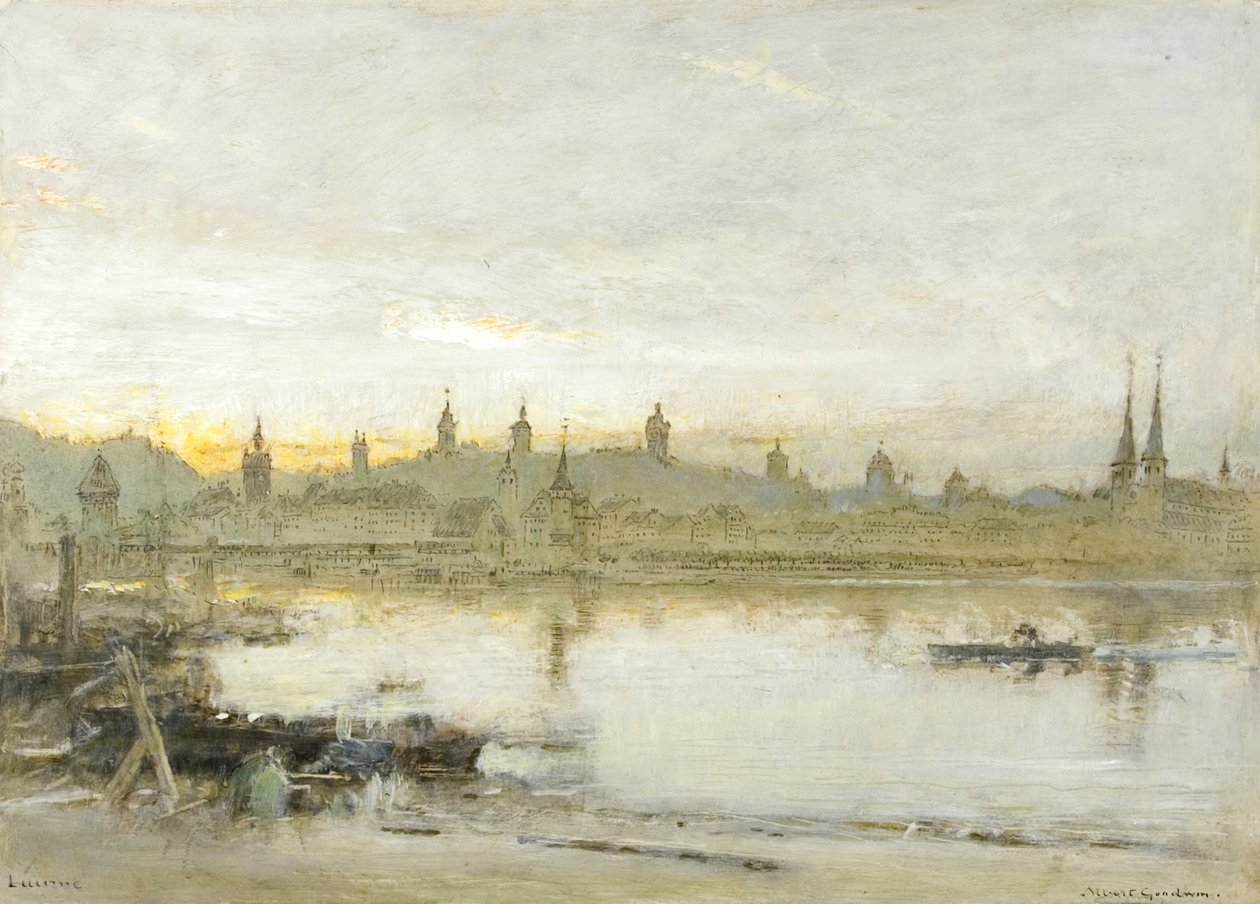 Lucerne (olje, penn og blekk på papir) av Albert Goodwin