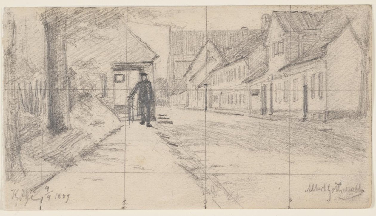 Gate i Køge med en gående mann av Albert Gottschalk