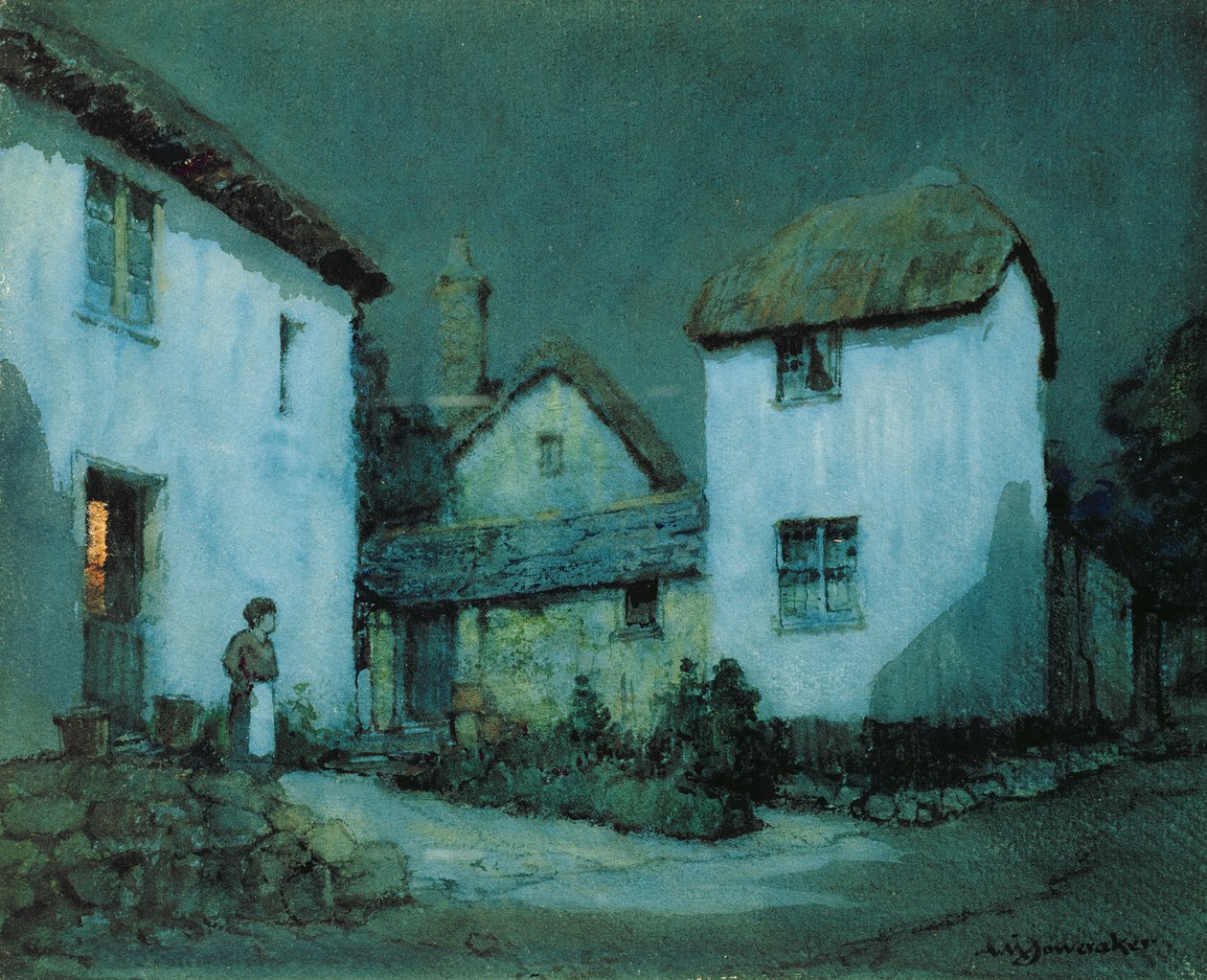 A Moonlit Street, Heavitree, Exeter av Albert Moulton Foweraker