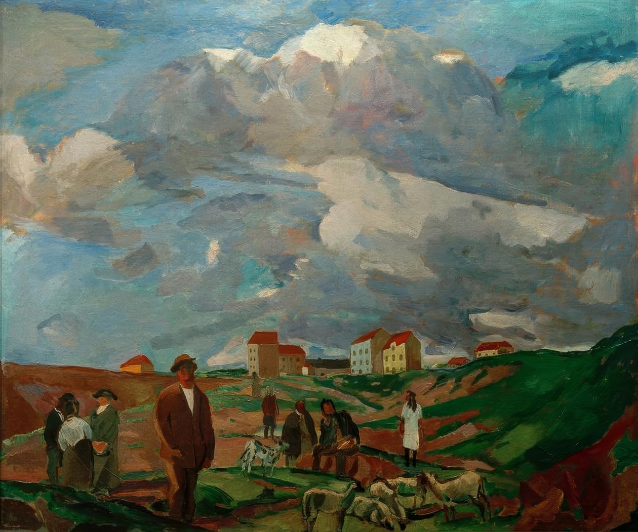 Forstadshus (med mennesker og saueflokk) av Albert Weisgerber