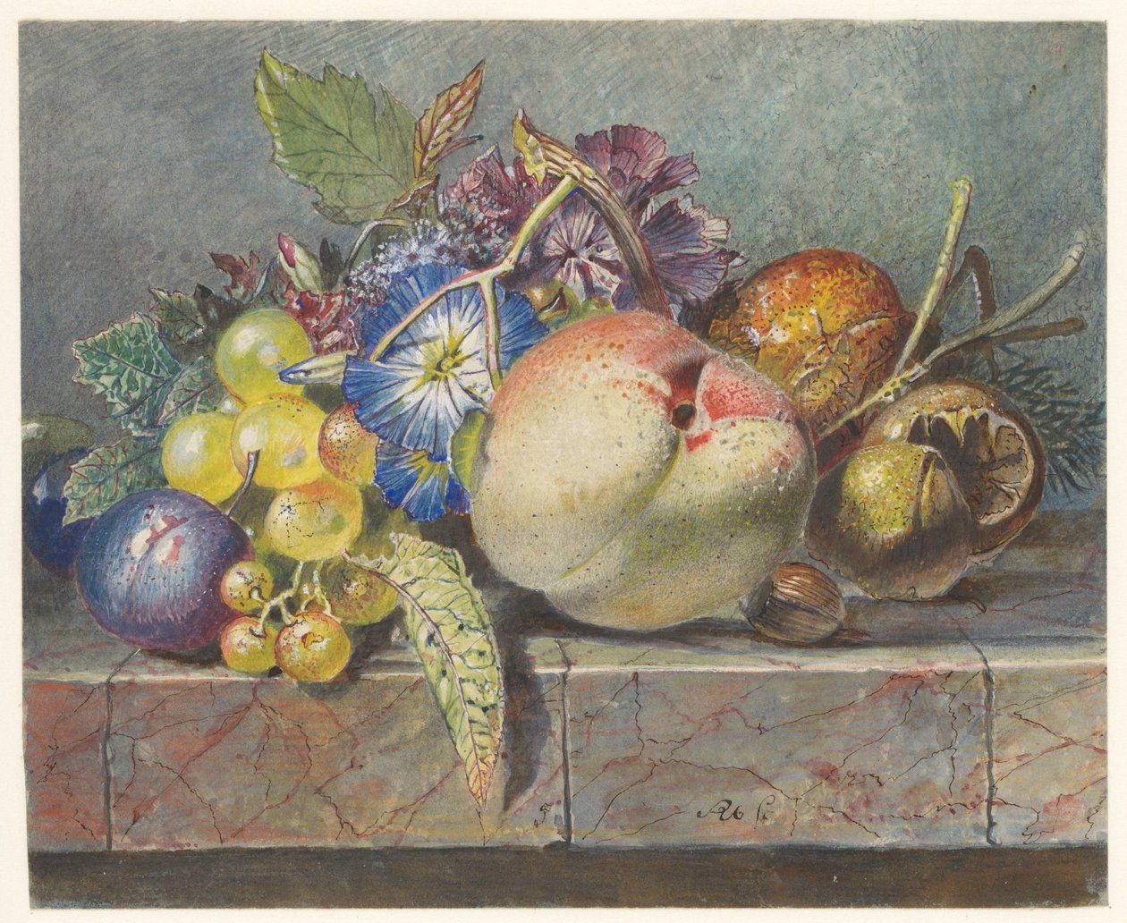 Frukt- og blomsterstilleben av Albertus Steenbergen