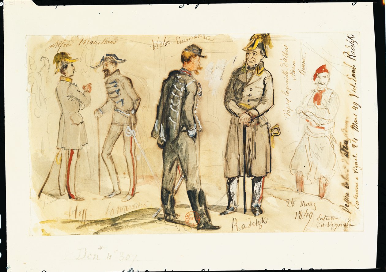 Kong Vittorio Emanuele II (1820-78) Møte Joseph Radetsky von Radetz (1766-1858) i Vignale, 24. mars 1849 (penn og blekk og wc på papir) av Albrecht Adam