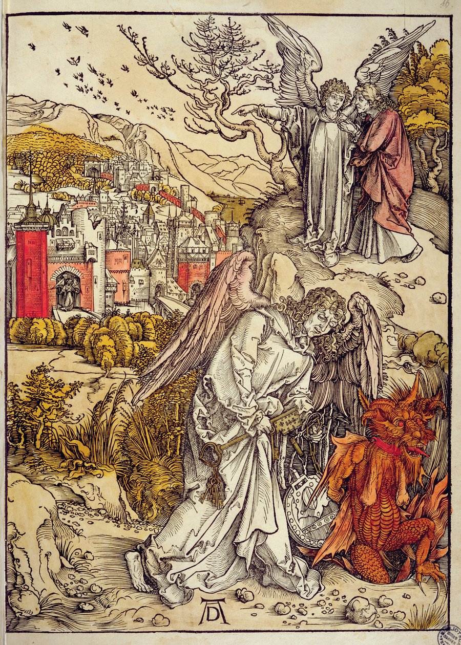Angel with the Key of the Abyss, 1498 (fargetresnitt) av Albrecht Dürer