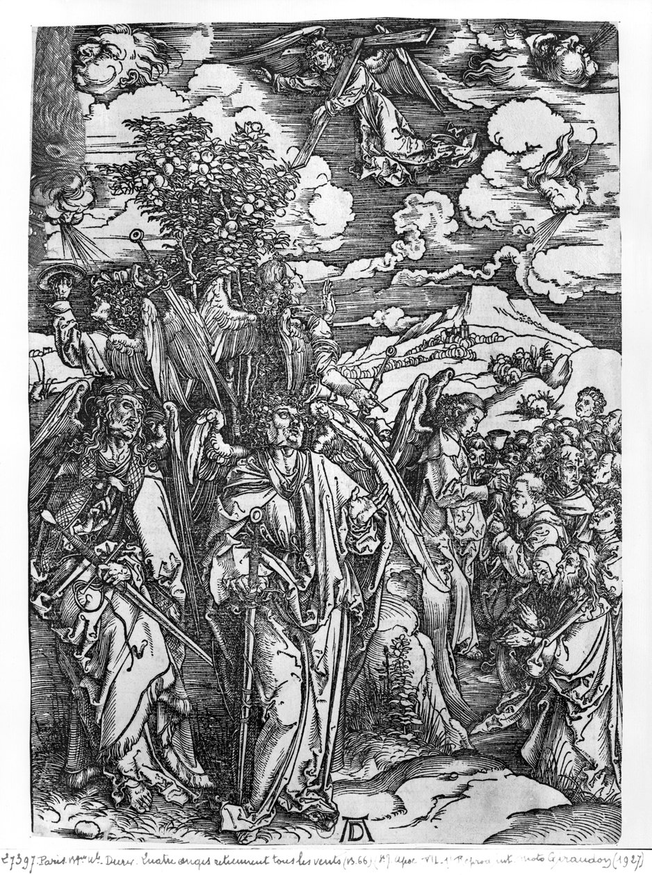 Scene fra apokalypsen, De fire englene som holder vindene, latinsk utgave, 1511 av Albrecht Dürer