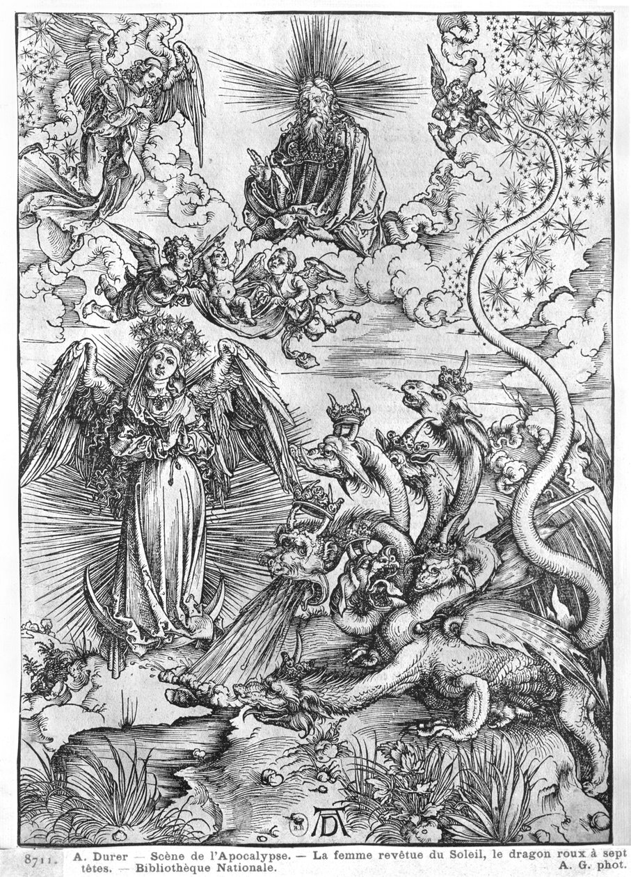 Scene fra Apokalypsen, Kvinnen kledd med solen og den syvhodede dragen, latinsk utgave, 1511 av Albrecht Dürer