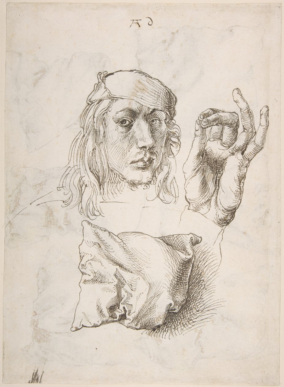 Selvportrett, studie av en hånd og en pute av Albrecht Dürer