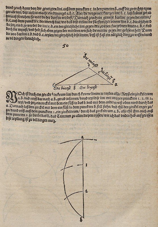 Deling av en linje i et forhold gitt av to andre linjer og forsøk å dele den i tre av Albrecht Dürer