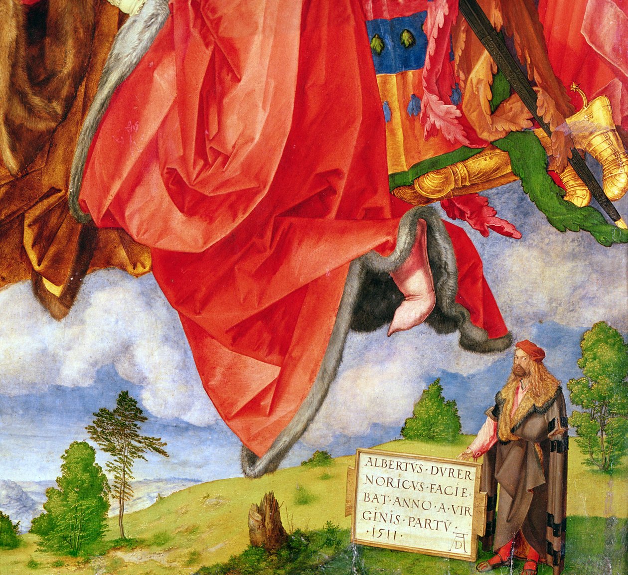 Landauer-altertavlen, All Saints Day, detalj som viser selvportrett, 1511 (detalj av 68677) av Albrecht Dürer