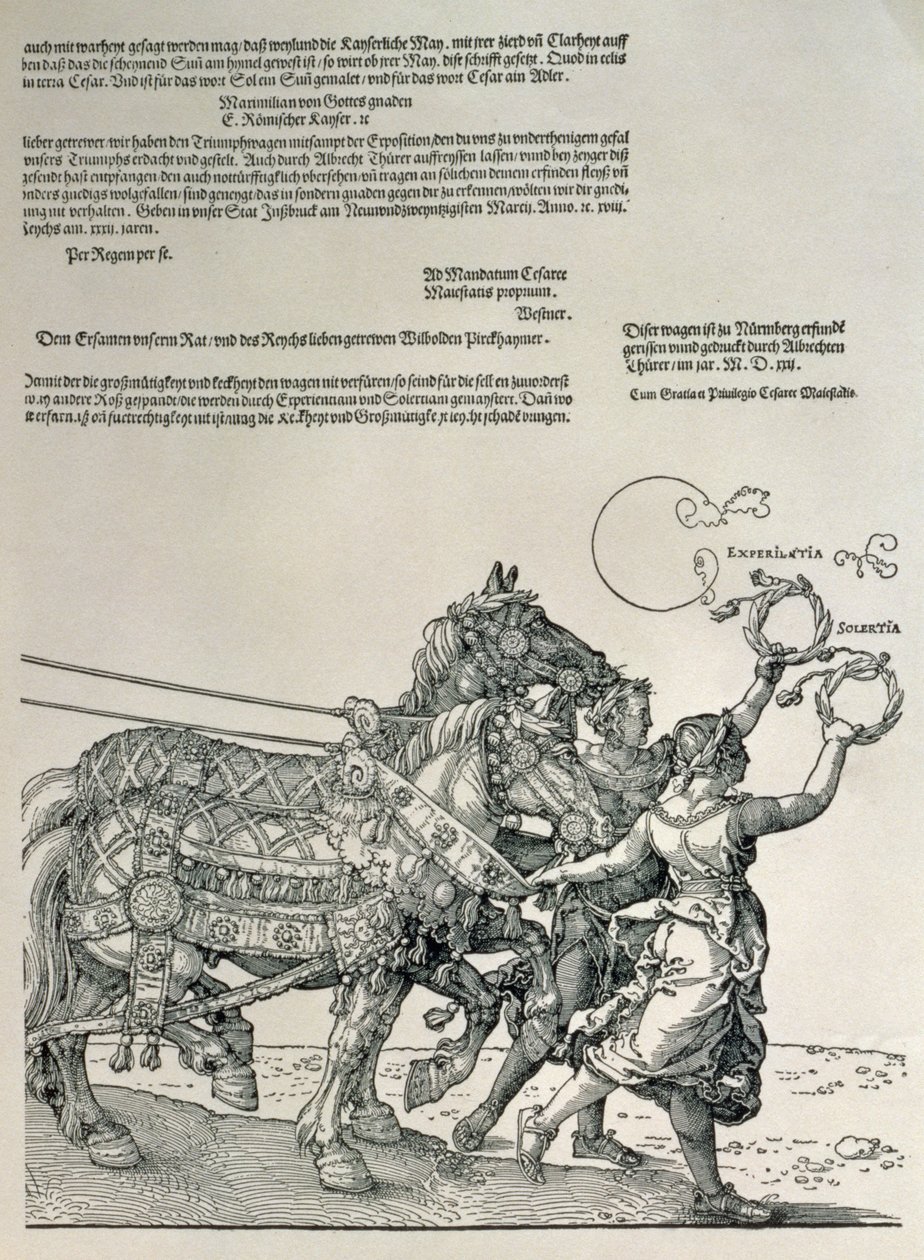 Triumphal Chariot of Emperor Maximilian I, Emperor of Germany (1459-1519): detalj av hestelagene, guidet av to dyder, Diligence og Endeavour, pub. ca. 1518 av Albrecht Dürer