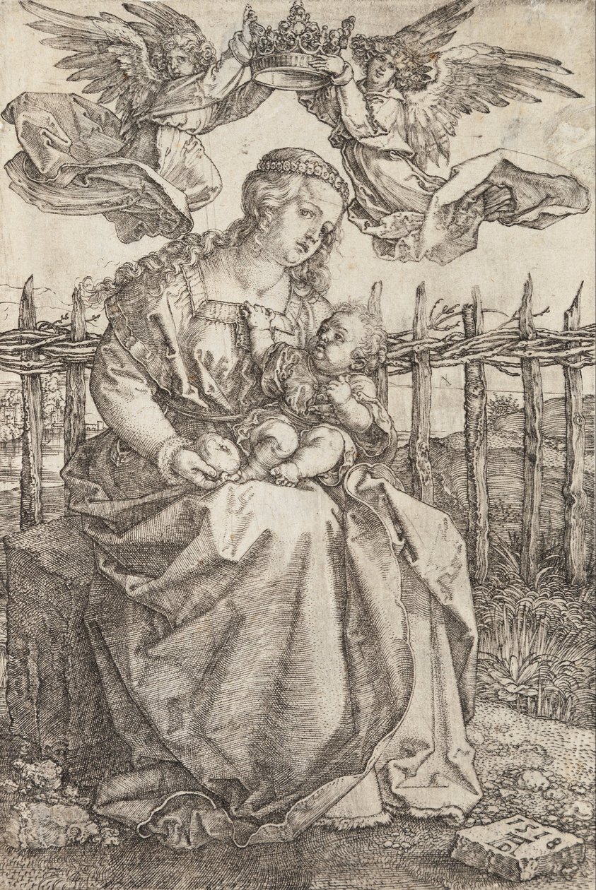 Jomfru Maria kronet av to engler av Albrecht Dürer