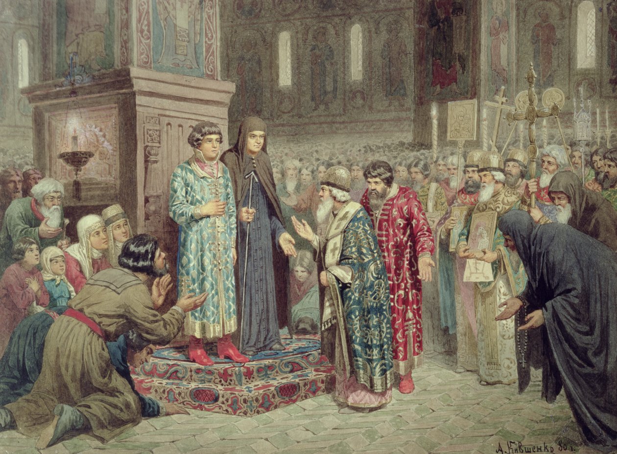 Rådet kalte Michael F. Romanov (1596-1645) til regjeringen, 1880 av Aleksei Danilovich Kivshenko