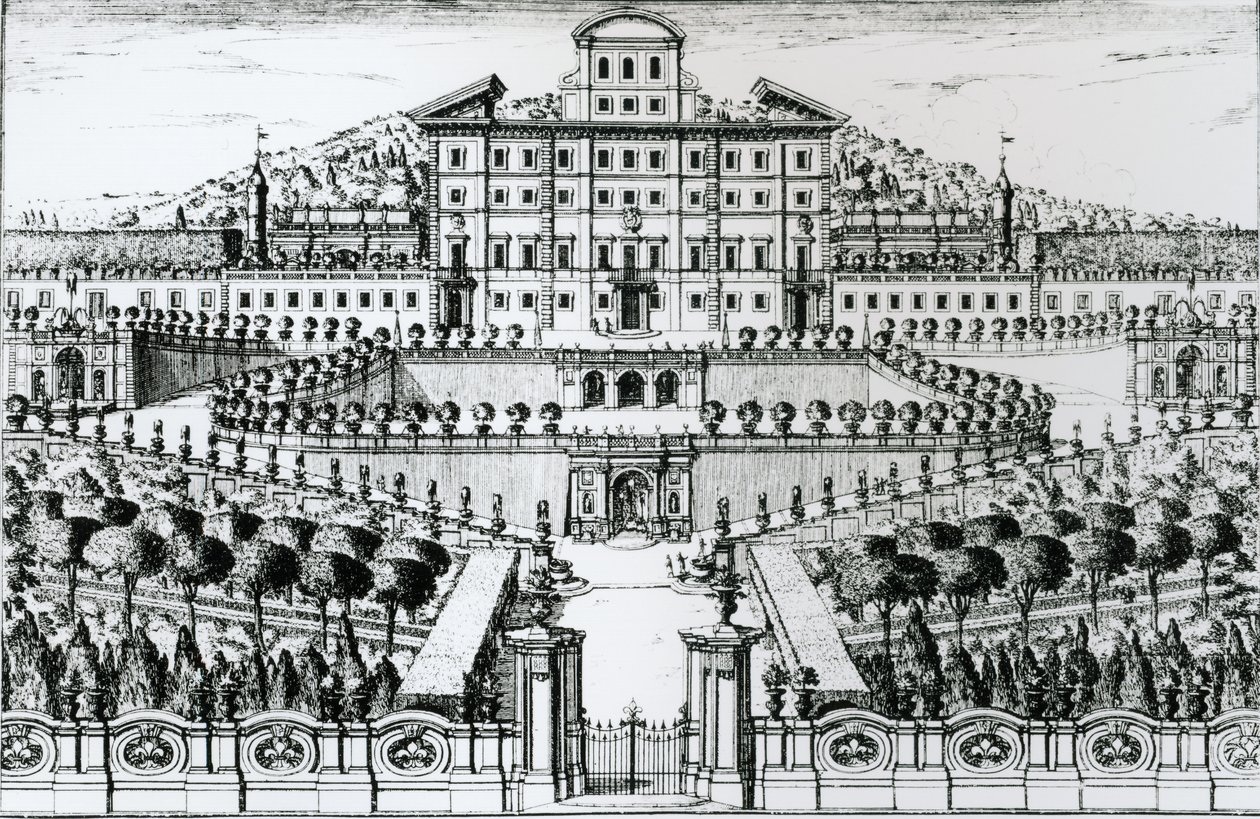 Utsikt over Villa Aldobrandini fra hagen (bw-bilde) av Alessandro Spechi