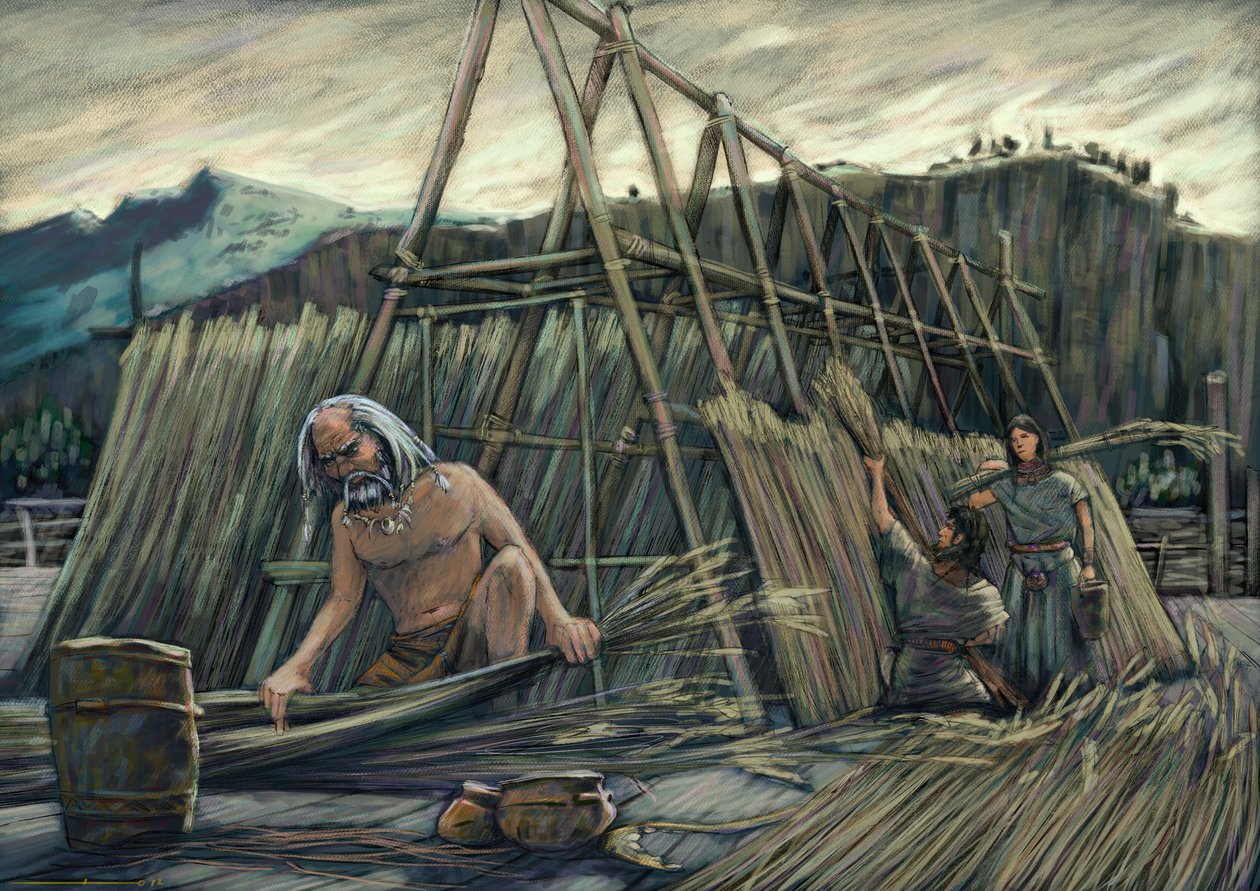 Bygging av palafitthus, forhistoriske hus. av Alessandro Lonati