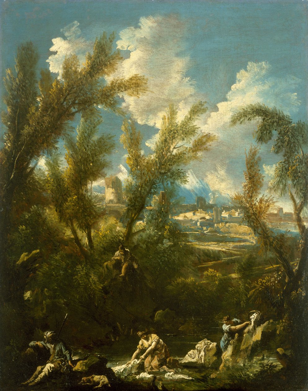 Landskap med vaskekone, ca. 1715 av Alessandro Magnasco