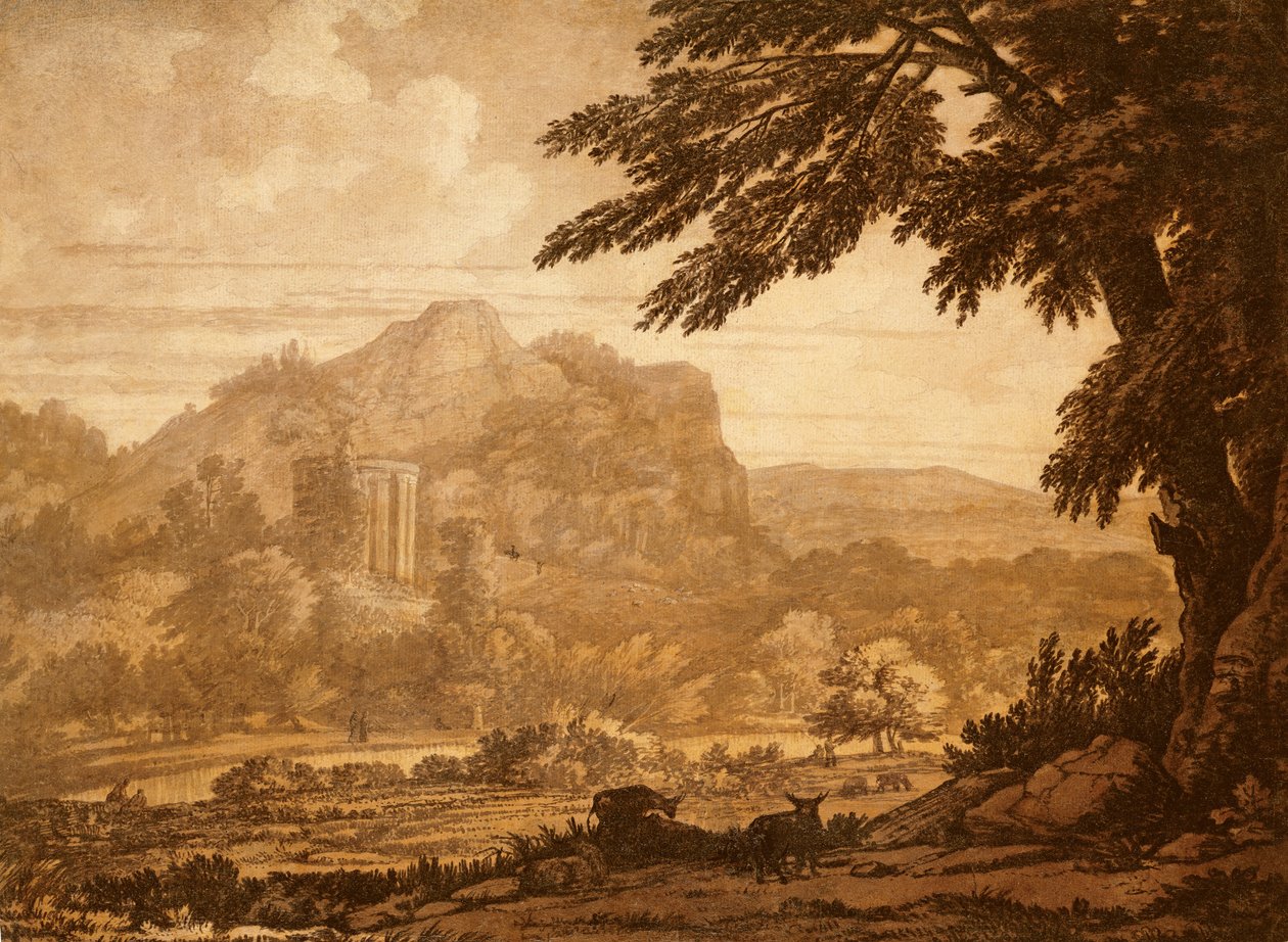 Landskap med et tempel (penn og blekk og vask på papir) av Alexander Cozens