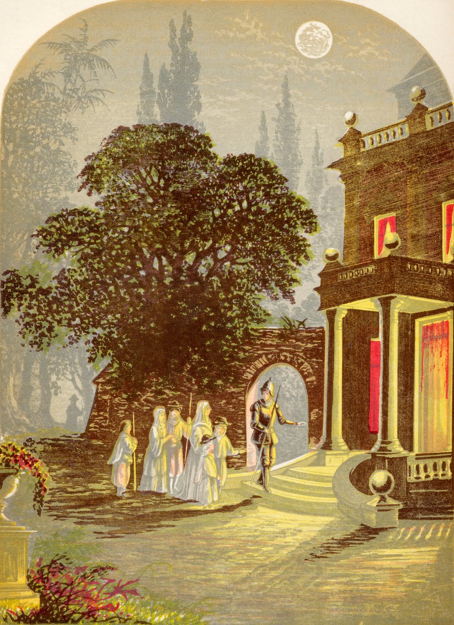 The Pilgrims Arriving at the Inn, fra The Pilgrims Progress av John Bunyan, utgitt ca. 1880 av Alexander Francis Lydon