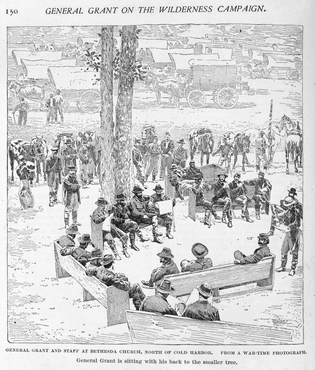 General Grant og ansatte ved Bethesda Church, nord for Cold Harbour, gravert av J.W. Taber (fl.1850-1928) fra et fotografi, illustrasjon fra 