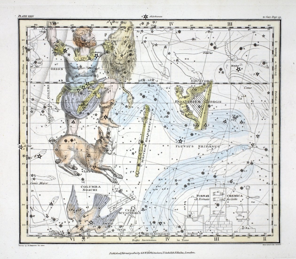 Konstellasjonene (Plate XXIV) Elven Eridanus, Orion; Lepus, Columba av Noah, Cela Sculptor, Psalter of George, klokke, Equuleus Pictorius, Brandenbergius Sceptrum, fra 