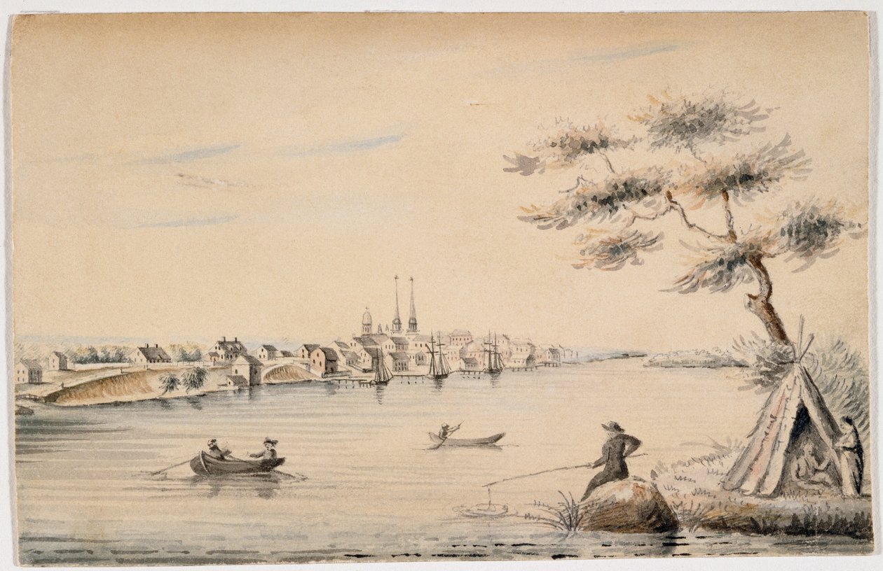 Detroit sett fra den kanadiske kysten i 1821 (svart blekk og wc over blyant på papir) av Alexander Macomb