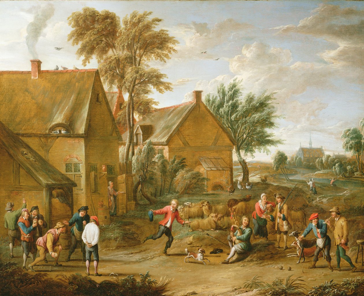 A Game of Bowls by a Tavern av Alexander van Bredael