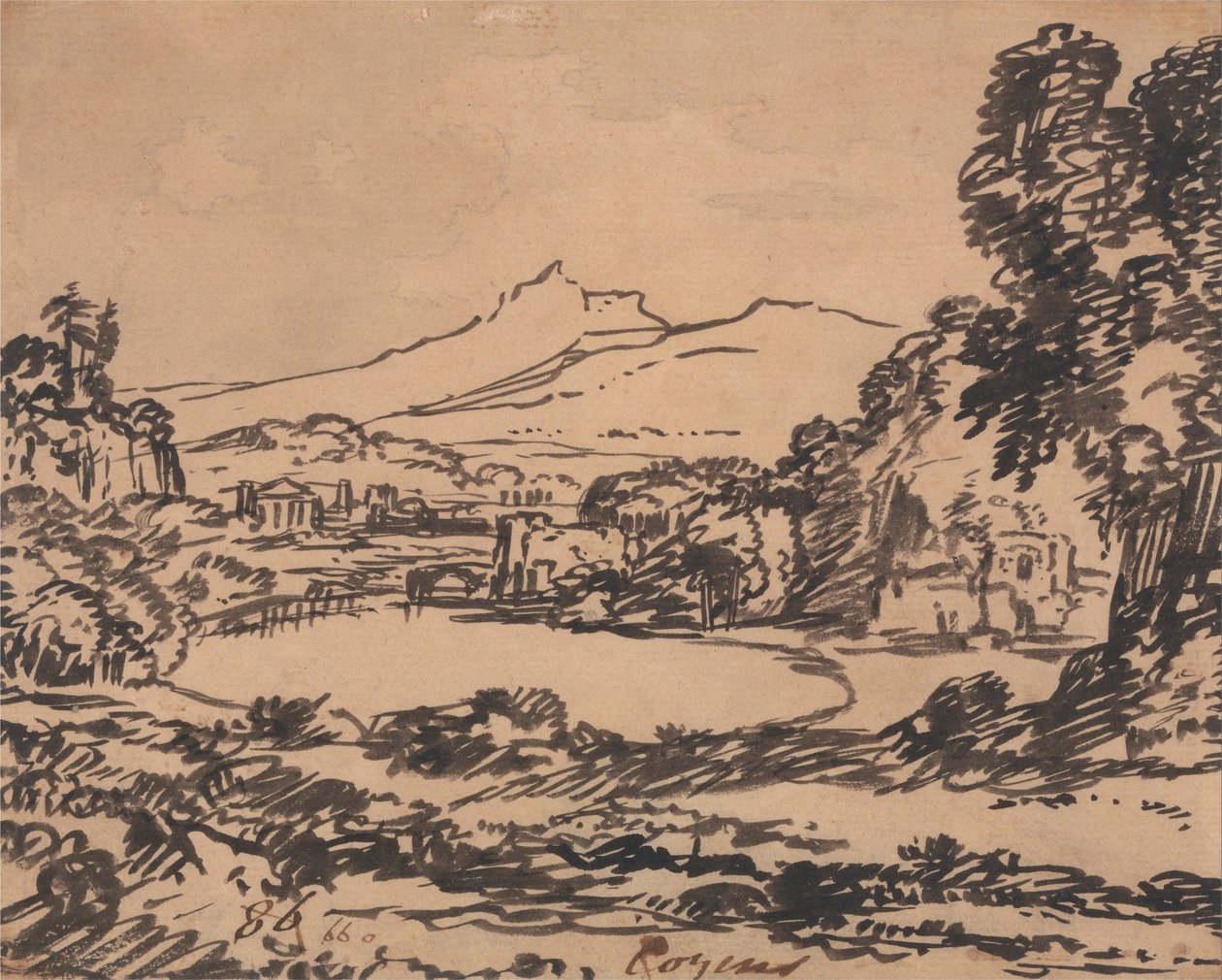 Landskap med en innsjø og fjernt fjell av Alexander Cozens