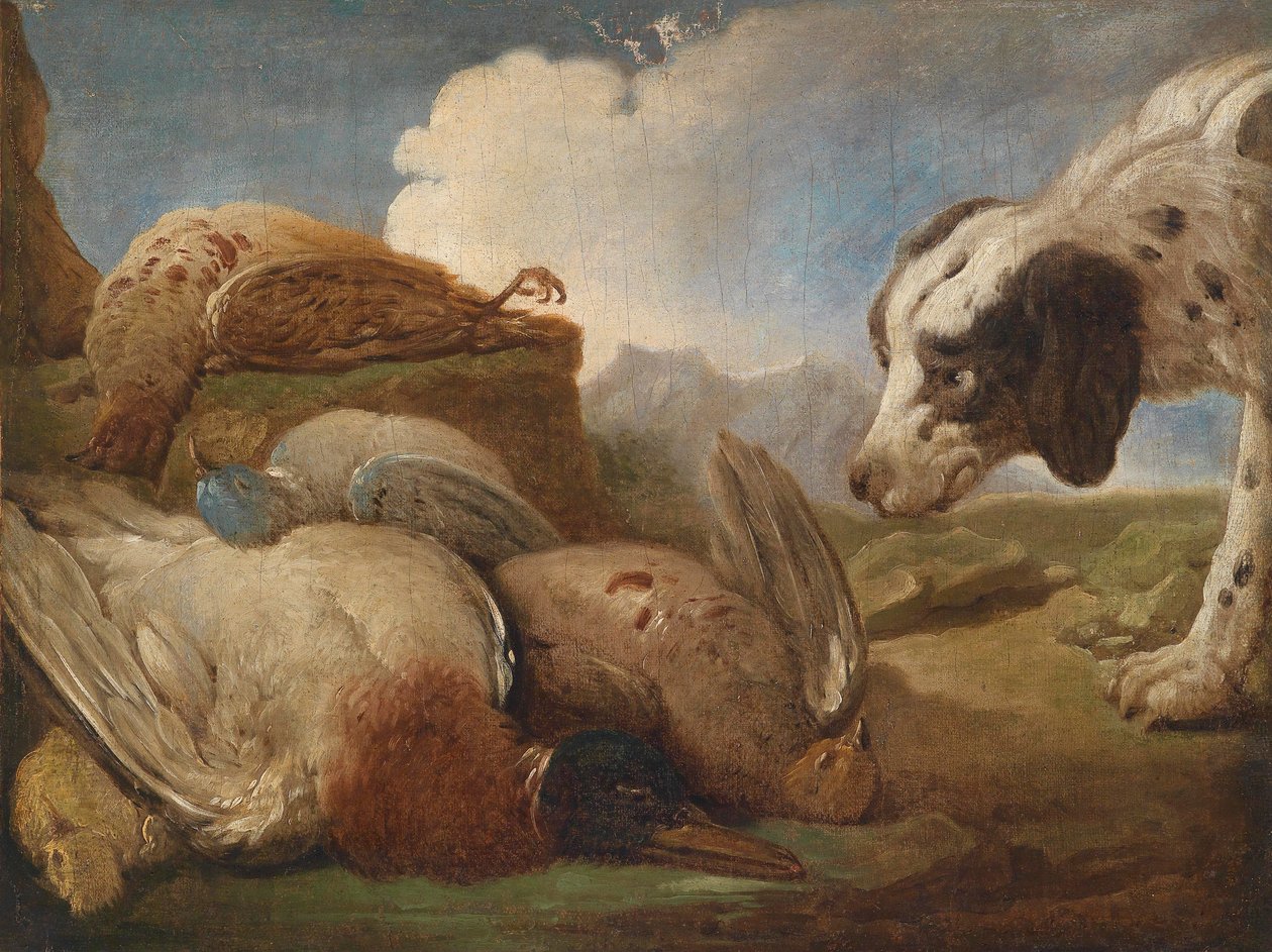 En jakthund som snuser på den jaktede villfuglen av Alexandre Francois Desportes