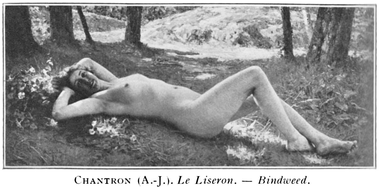 Svart-hvitt-bilde av et maleri som viser en naken kvinne tilbakelent i en skog i nærheten av en blomsterflekk med trær og en grunne foss i bakgrunnen av Alexandre Jacques Chantron