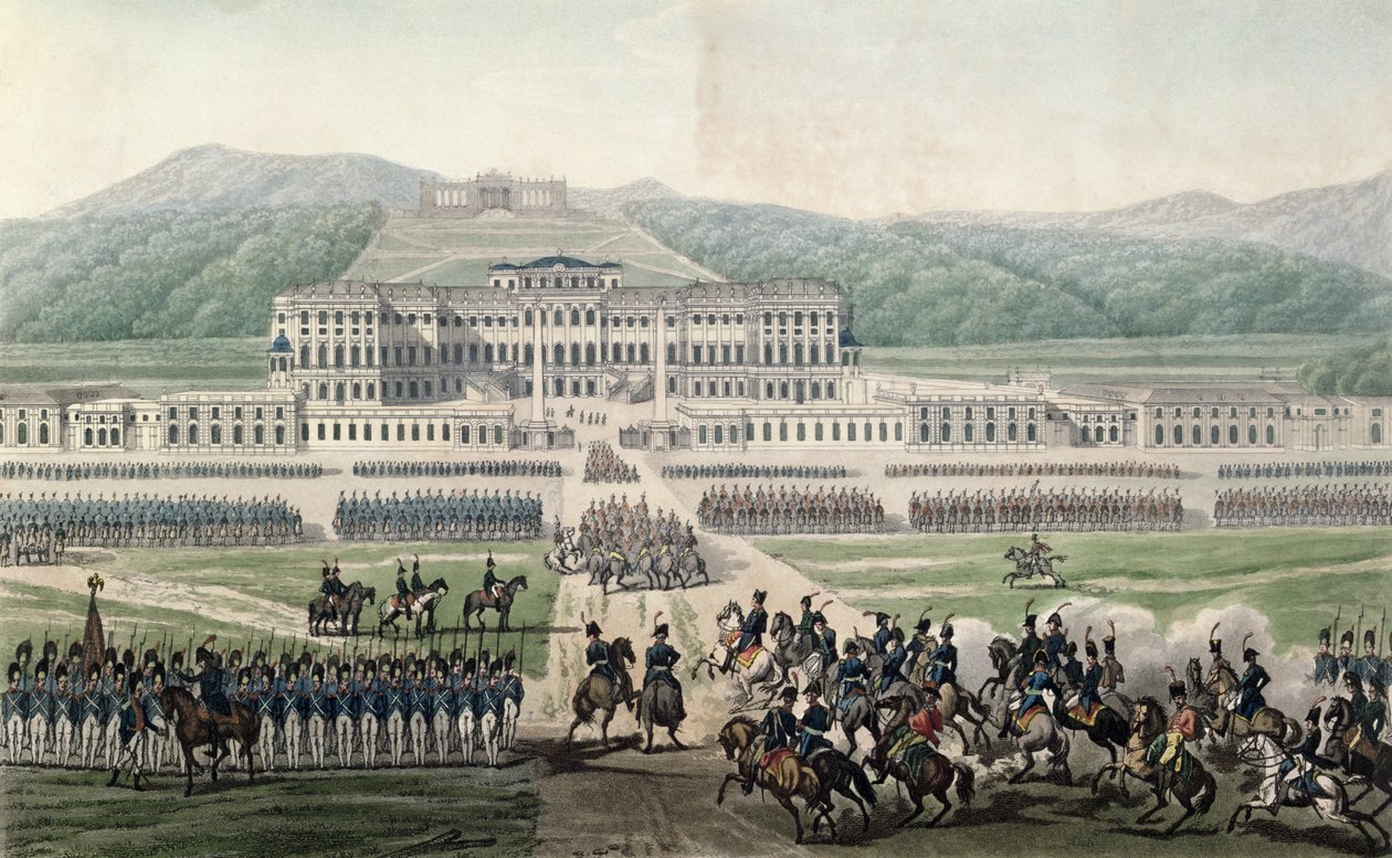 Ankomsten til Napoleon Bonaparte (1769-1821) ved Schloss Schonbrunn, gravert av Aubertin, ca. 1820 av Alexandre de la Borde