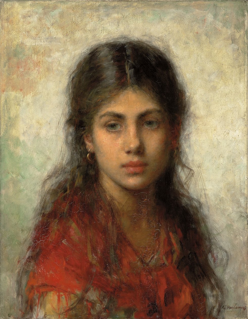 Jente med et rødt sjal, av Alexei Alexevich Harlamoff