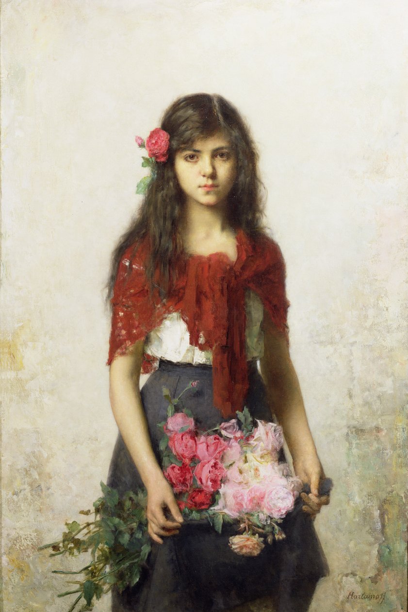 Ung jente med blomster av Alexei Alexevich Harlamoff