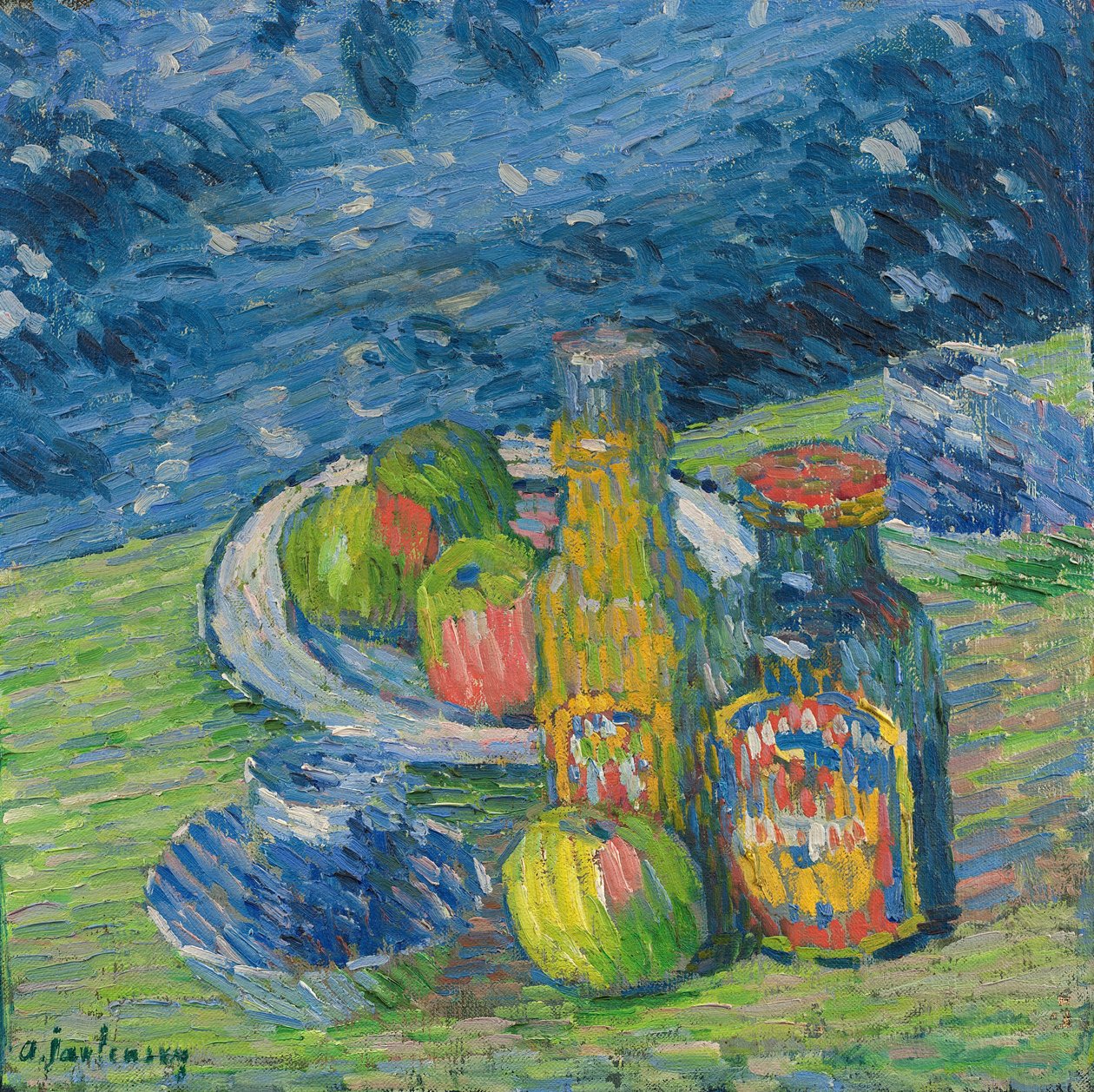 Stilleben med flasker og frukt, 1900. av Alexej von Jawlensky