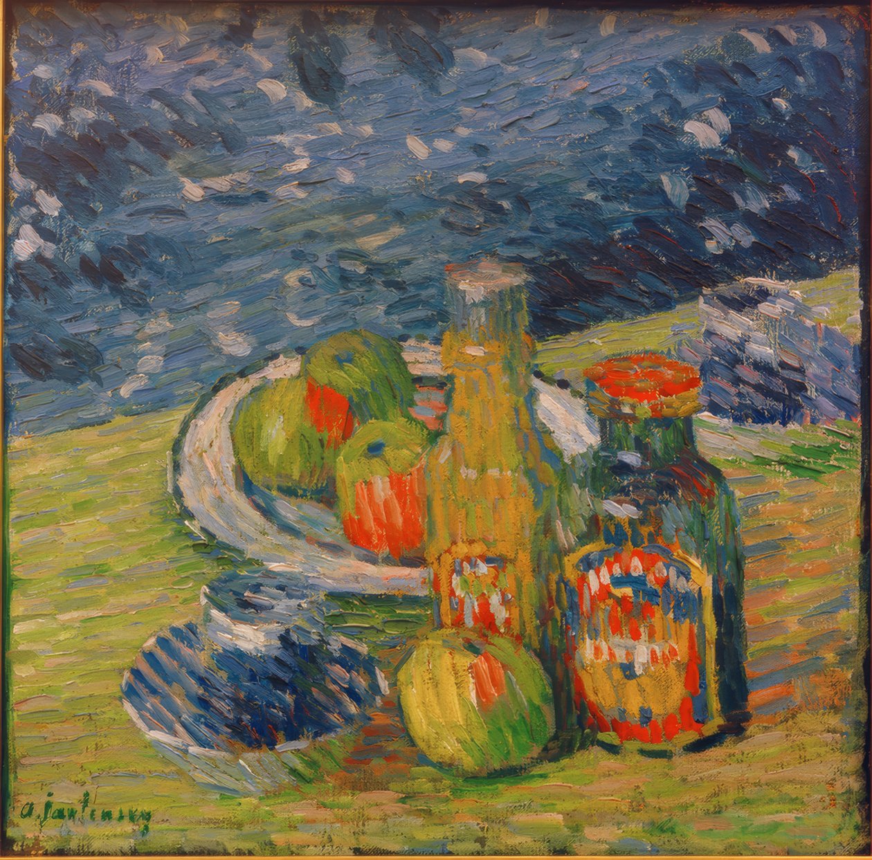 Stilleben med flasker, skål med frukt og kopp av Alexej von Jawlensky