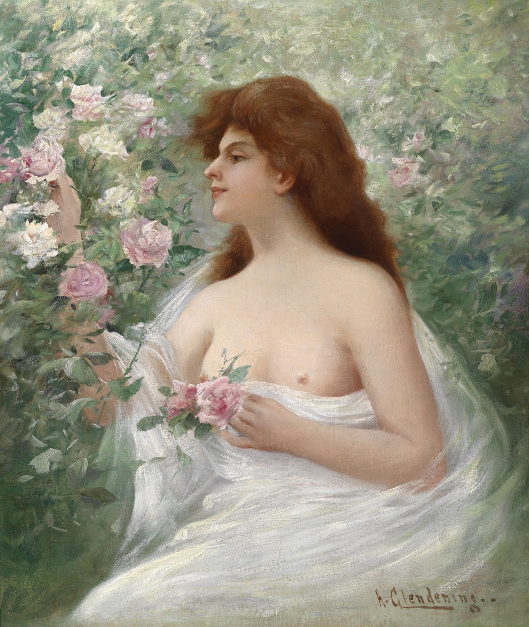 Ung kvinne som plukker roser av Alfred Augustus Glendening