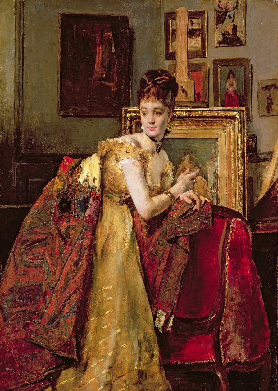 Kvinne med et indisk sjal i et studio av Alfred Emile Stevens
