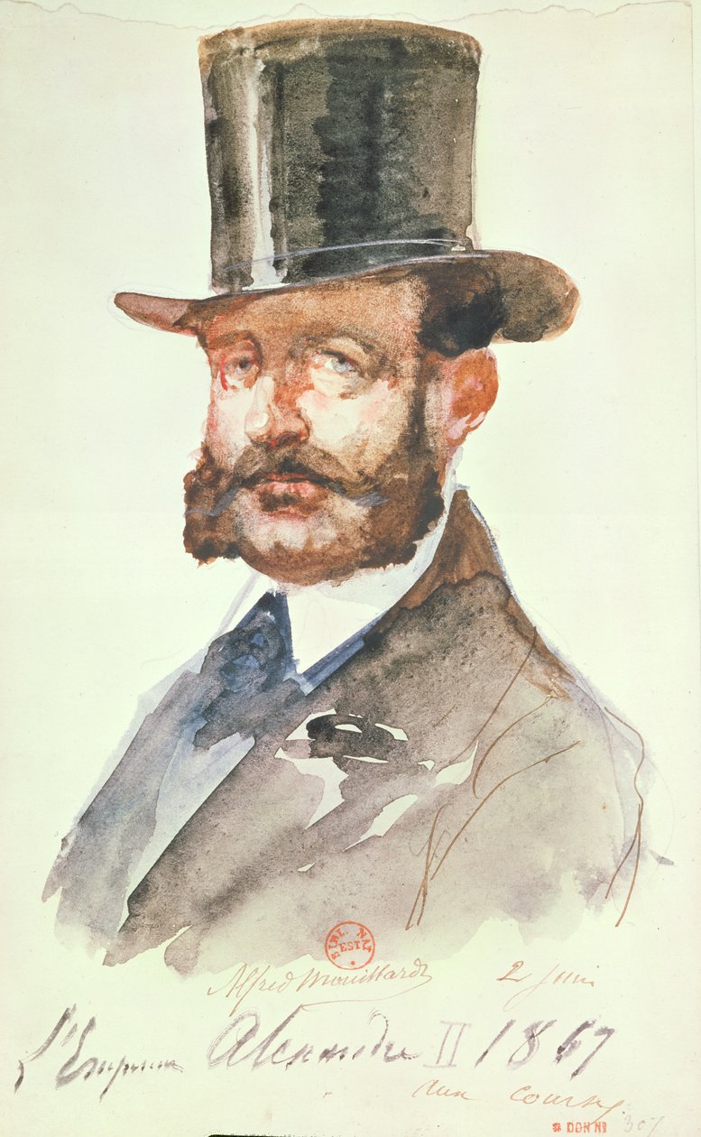 Keiser Alexander II (1818-81) ved løpene, 2. juni 1867 (penn og blekk og wc på papir) av Alfred Mouillard