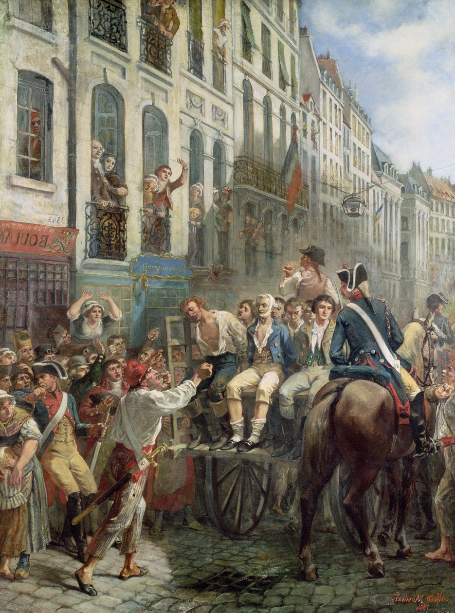 Robespierre (1758-94) og Saint-Just (1767-94) på vei til giljotinen, 28. juli 1794, 1884 av Alfred Mouillard