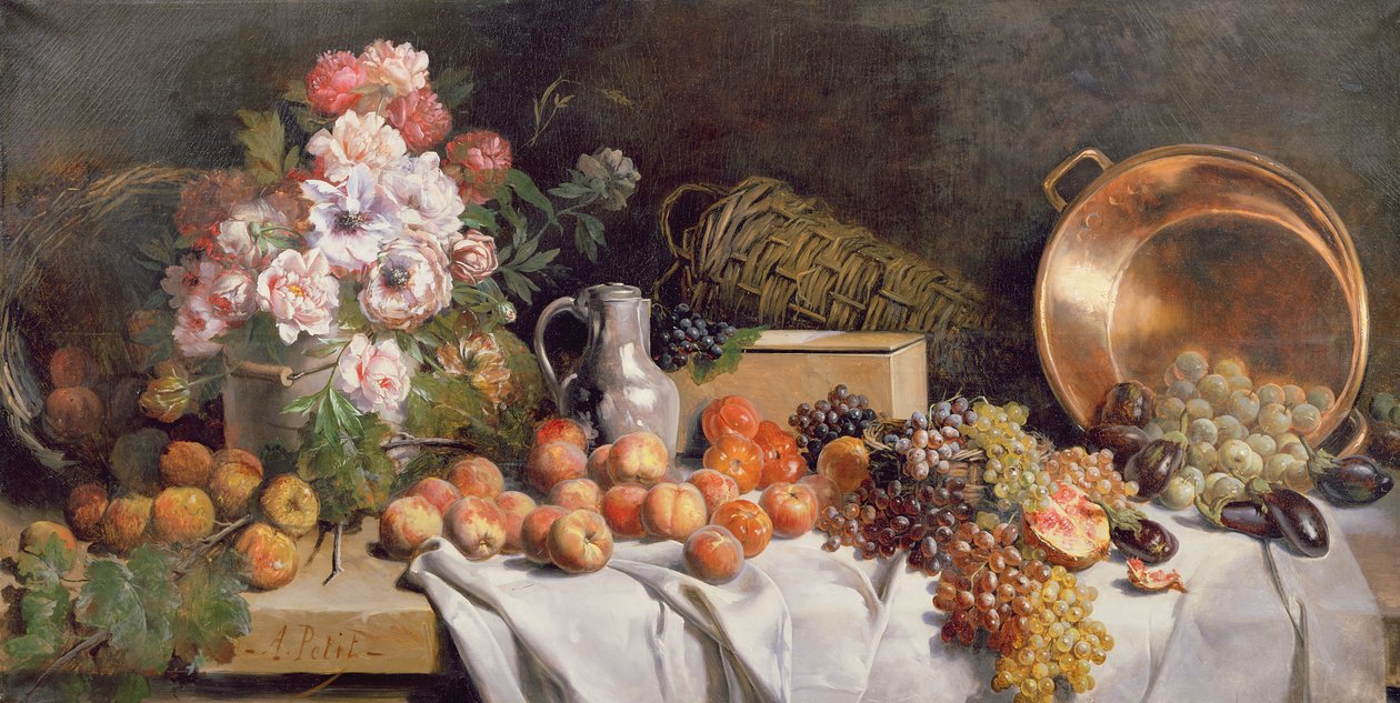 Stilleben med blomster og frukt på et bord av Alfred Le Petit