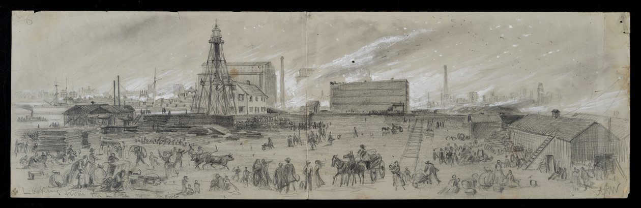 Utsikten fra Lake Michigan nær Chicago River under Chicago-brannen i 1871 (blyant og kritt på papir) av Alfred Rudolph Waud