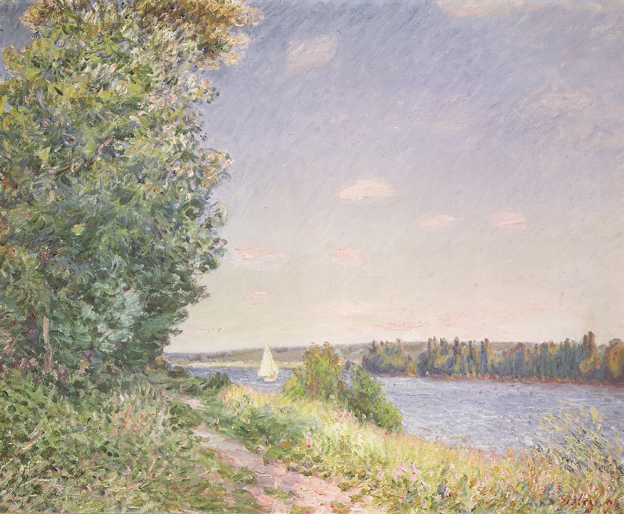 Normandie, vannstien om kvelden, Sahurs, 1894 av Alfred Sisley