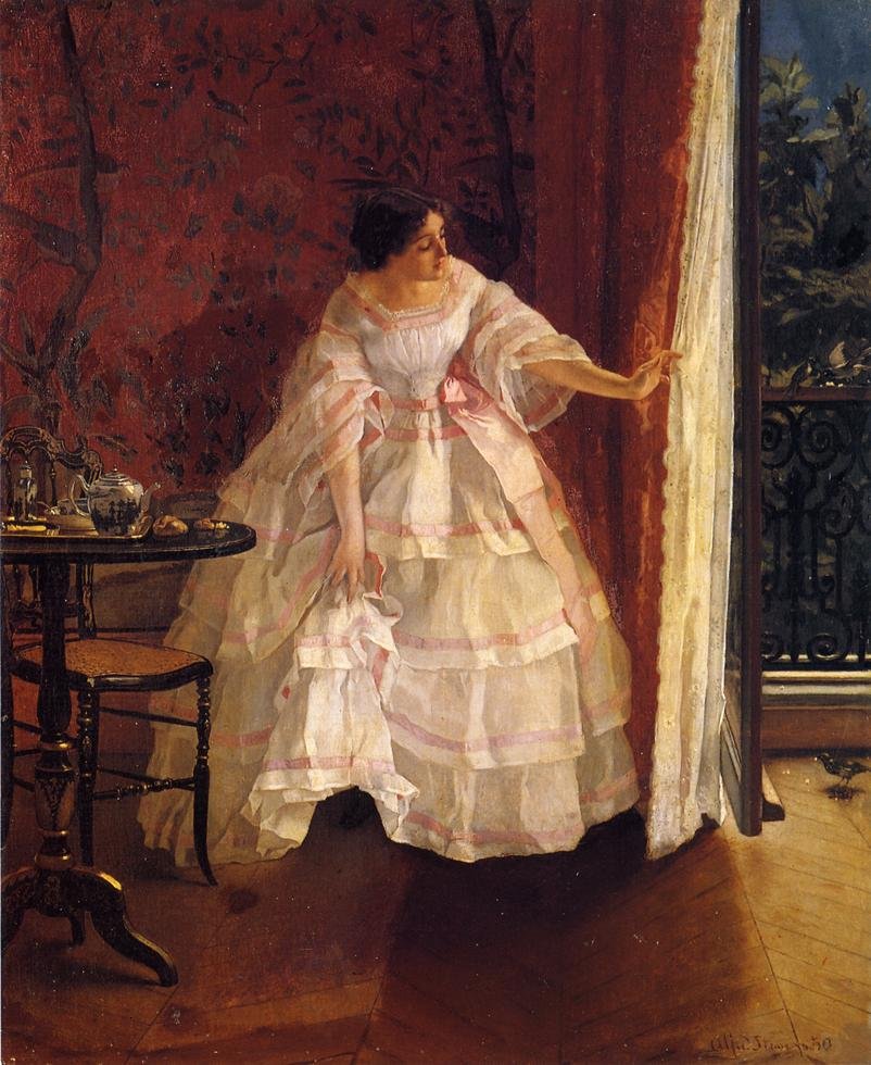 Lady at a Window Feeding Birds av Alfred Emile Stevens