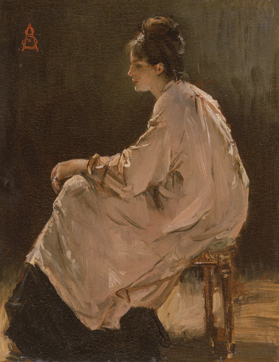 Sittende jente (olje om bord) av Alfred Emile Stevens